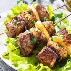 Grilled shish kebab or shashlik close up.