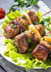 Grilled shish kebab or shashlik close up.