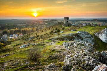 Sunset over the castle ruins in Olsztyn near Czestochowa, Silesia, Poland