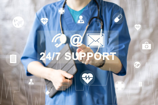 Doctor pushing button 24 hours support service virtual healthcare in network medicine health