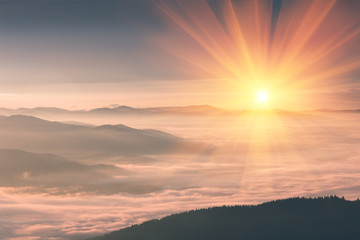 Obraz premium Piękny krajobraz w górach przy wschodem słońca. Widok mgłowi wzgórza zakrywający lasem. Efekt retro. Podróży koncepcja tło.