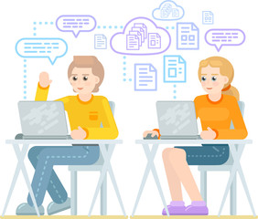 Boy and girl are sitting with laptops