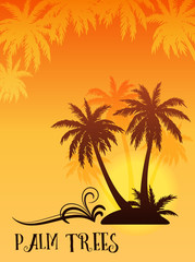Naklejka na ściany i meble Exotic Tropical Landscape, Palm Trees Silhouettes Against the Background of the Orange Morning or Evening Sky, Sunrise or Sunset. Vector