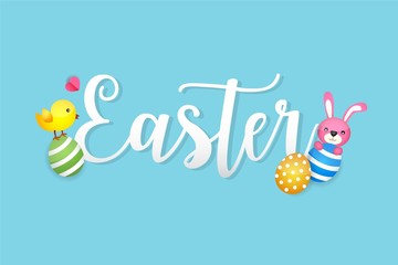 Fototapeta premium Easter Bunny and Egg Vector Vector Illustration Blue Background