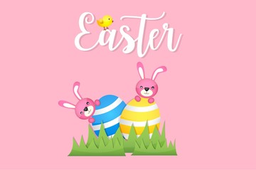 Easter Bunny and Egg Vector Vector Illustration Pink Background