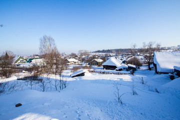 snow-covered village on a frosty winter day