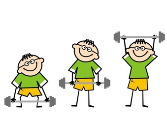 Male doing weight lifting. Funny illustration of a man, which doing squat weight lifting on white background. Three phases of lifting. Healthy lifestyle.