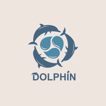 abstract emblem of jumping dolphin and sea wave