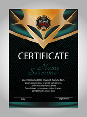 Vertical certificate or diploma template with gold and turquoise decorative elements on black background. Vector illustration.