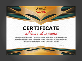 Horizontal certificate or diploma template with gold and turquoise decorative elements on white background. Vector illustration.