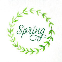 Hand drawing spring green leaves in watercolor style on white paper background, spring greeting card background, banner