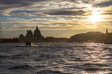 Sunset behind the Church of Madonna Della Salute in Venice