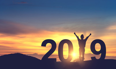 Silhouette freedom young woman Enjoying on the hill and 2019 years while celebrating new year, copy spce. - obrazy, fototapety, plakaty