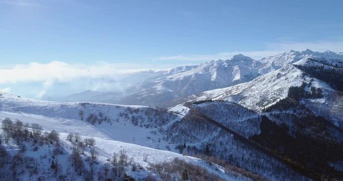 Backward aerial on white snow mountain peak in winter revealing valley.Forest woods.Snowy mountains establisher with backlit sun.Italian Alps.4k drone flight establishing shot