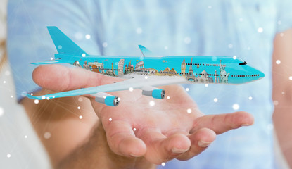 Businessman with plane and famous landmarks of the world 3D rendering