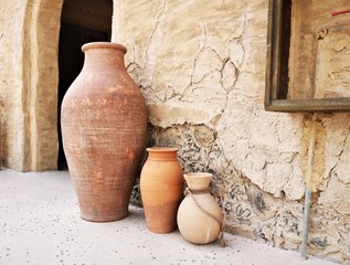 Old ceramic jugs. Old traditional vintage pottery - decoration and craft