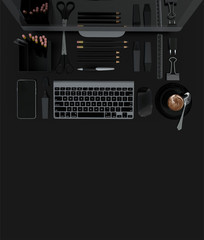 Fototapeta na wymiar Modern office desk table with computer and stationery set isolated on black. Back to school concept with space for text. Top view. Flat lay. 3D illustration
