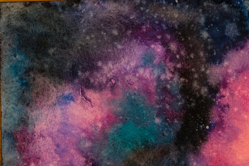 Watercolor painting space background, Abstract galaxy watercolor hand painting,Cosmic nNight with star textured background
