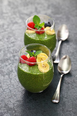 homemade matcha green tea chia seed pudding, vegan dessert