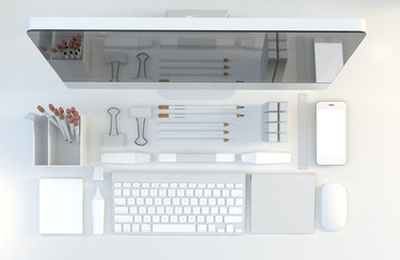 Modern work space with computer, stationery set on light color background. Top view. Flat lay. 3D illustration