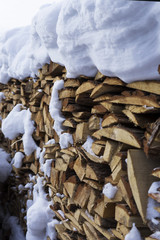 stacked firewood under the snow