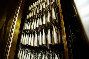 Several rows of fresh mackerels processing in special closed oven on wires
