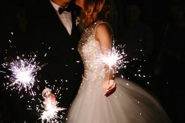 Young happy lyudis sparklers in his hands during the celebration. The bride and groom holding...
