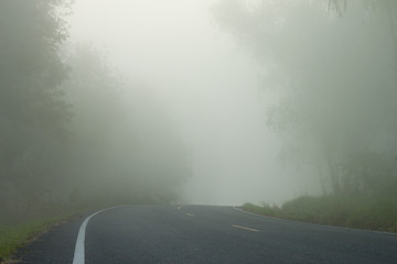 The road in Rayong Thailand go to Khao Chom Hae mountain with foggy. 