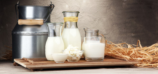milk products. tasty healthy dairy products on a table on