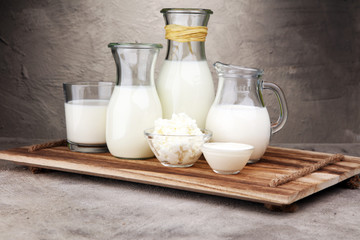 milk products. tasty healthy dairy products on a table on