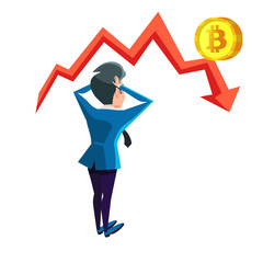 Shocked Businessman Looking on Bitcoin Crash Graph. Cryptocurrency Market Concept. Vector illustration