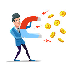Successful Businessman Mining Bitcoin with Big Magnet. Crypto Currency Market Concept. Vector illustration