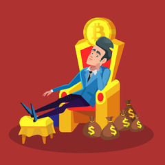 Rich Successful Businessman Sitting on Throne with Bitcoin and Money Stacks. Cryptocurrency Market Concept. Vector illustration