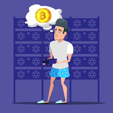 Young Cartoon Man Bitcoin Miner in Server Room. Cryptocurrency Mining Farm. Vector illustration