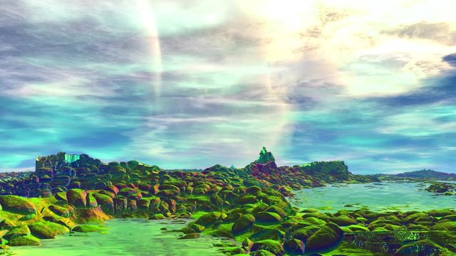 Alien Planet. Mountain and  water. Animation. Panorama. 4K