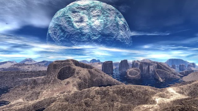 Alien Planet. Mountain and  water. Animation. Panorama. 4K