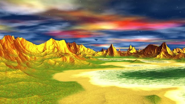 Alien Planet. Mountain and  water. Animation. Panorama. 4K