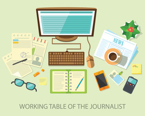 A journalist's desk with a computer and small items. Vector illustration