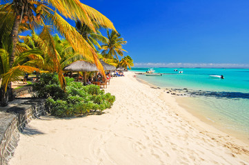 View of beautiful white sand tropical beach, Mauritius Island - obrazy, fototapety, plakaty
