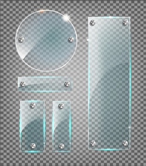 Vector modern transparent glass plates set on sample background.