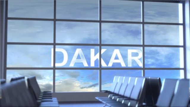 Commercial airplane landing at Dakar international airport. Travelling to Senegal conceptual intro animation