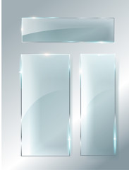 Vector modern transparent glass plates set on sample background.