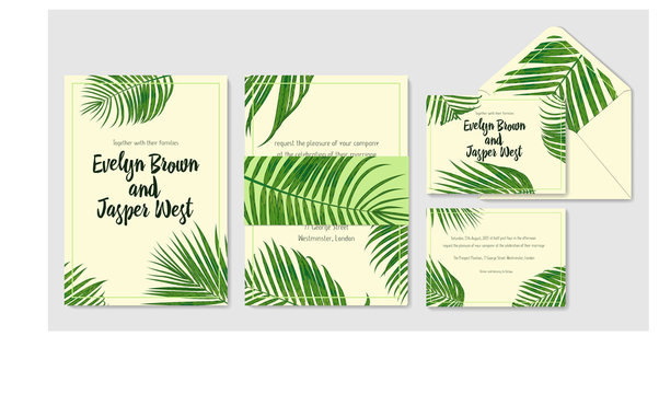 Wedding invite, envelope, rsvp, label save the date greeting card set. Design with green areca palm leaves  in a rustic style & green frame
