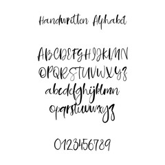 Modern calligraphy alphabet. Handwritten brush letters. Uppercase, lowercase. Hand lettering font for your design: wedding calligraphy, logo, slogan, window decor, postcard, greeting card