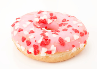 pink glazed donuts, with red hearts