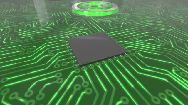 Seamless looping rotating 3d animated dark green computer circuit board with a copyright icon in 4K resolution
