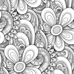 Monochrome Seamless Pattern with Floral Motifs. Endless Texture with Flowers, Leaves etc. Natural Background in Doodle Line Style. Coloring Book Page. Vector 3d Contour Illustration. Abstract Art
