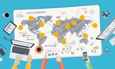Bitcoin market. Flat design style web banner of blockchain technology, bitcoin, altcoins, cryptocurrency mining, finance, digital money market, cryptocoin wallet, crypto exchange. 