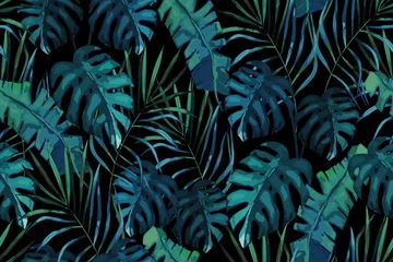 Selbstklebende Fototapeten Botanical exotic seamless pattern, green tropical leaves, summer vector illustration on black background © natikka