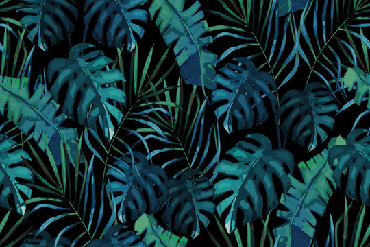 Botanical exotic seamless pattern, green tropical leaves, summer vector illustration on black background